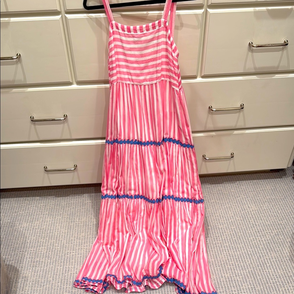 Oliphant Pink and White Striped Maxi Dress with Blue Trim